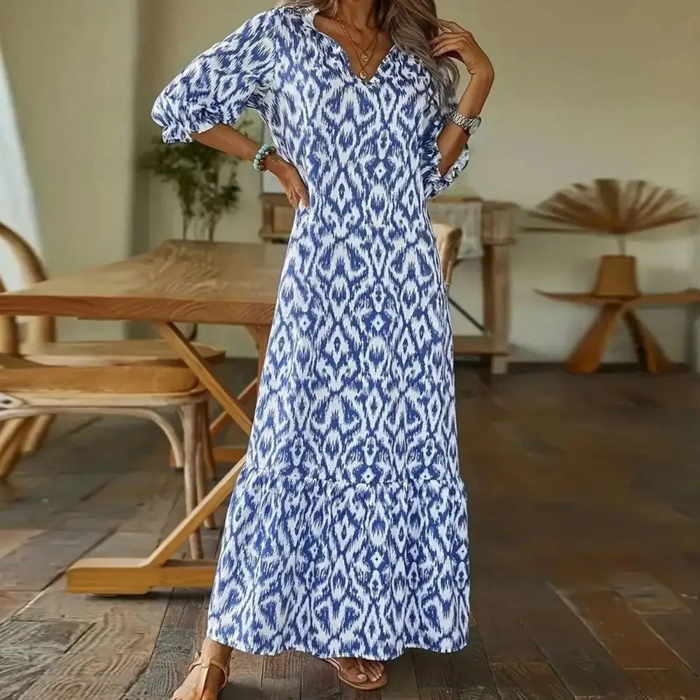 Women's V-Neck Maxi Dress Printed Tiered Hem