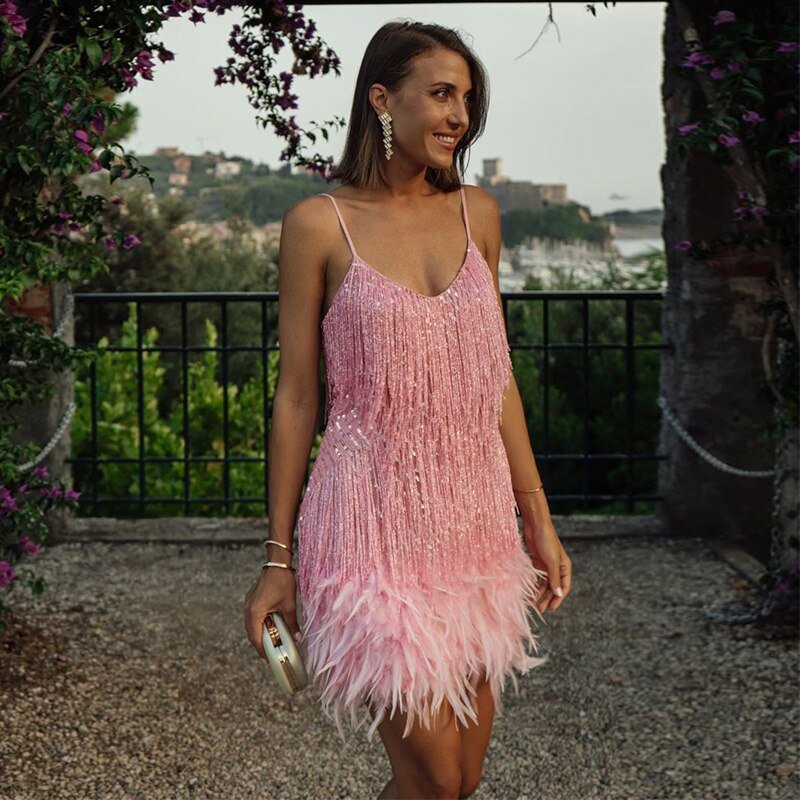 Women's V-Neck Mini Dress Spaghetti Straps Fringe