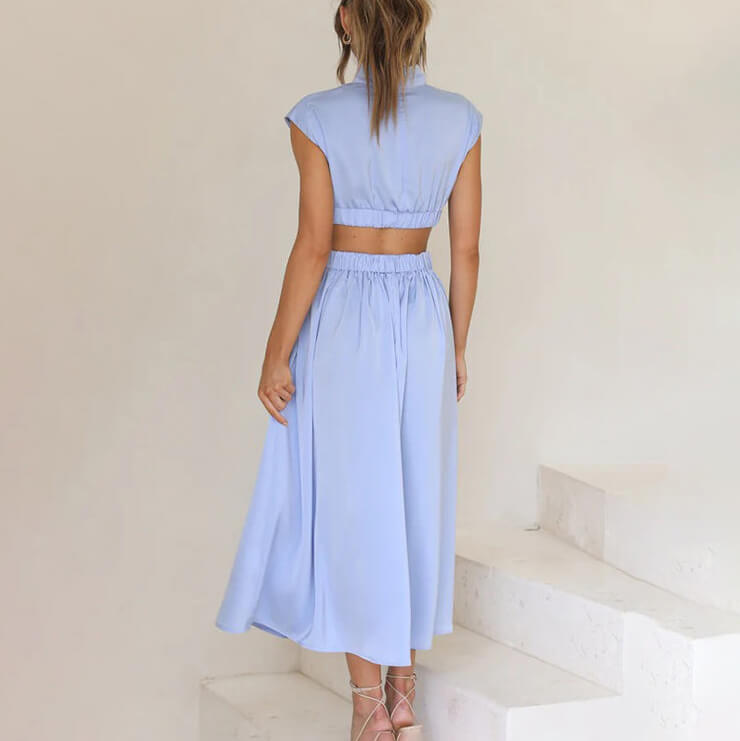 Women's Cap Sleeve Midi Dress Pleated Skirt High Neck