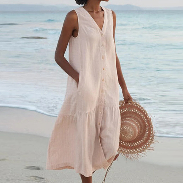 Women's Sleeveless Midi Dress Button Front - VibreMode
