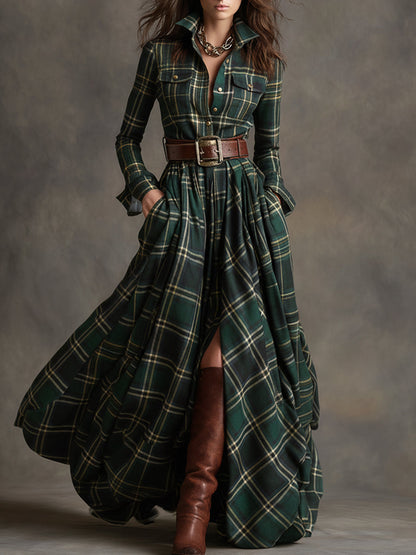 Ladies Classic Checked Long Sleeve Maxi Dress