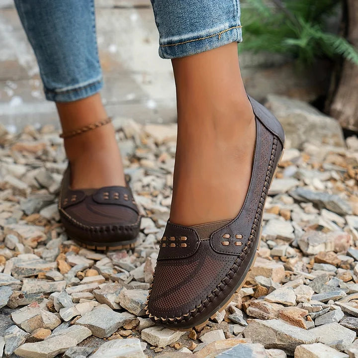 Women's Slip On Loafers Perforated Leather Round Toe