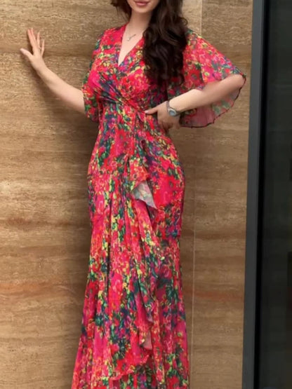 Women's V-Neck Trumpet Sleeve Printed Dress