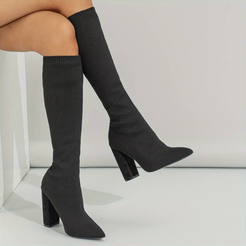 Women's Pointed Toe Booties Block Heel Knee High Boots - VibreMode