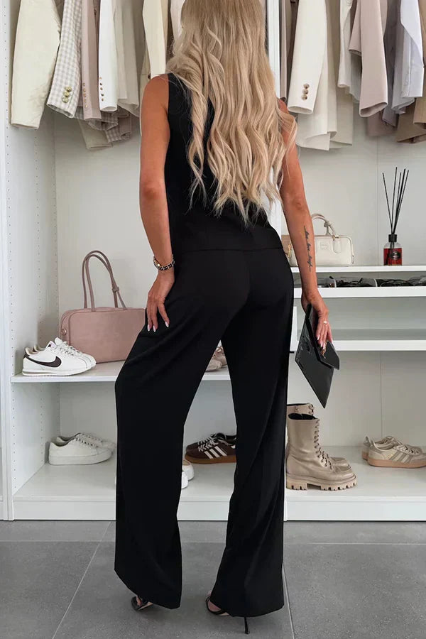 Women's Trousers And Vest Set Sleeveless Button