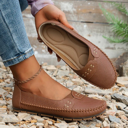 Women's Slip On Loafers Perforated Leather Round Toe