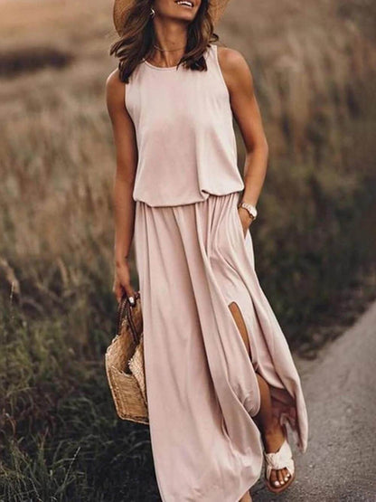 Women's Sleeveless Slit Dress Loose Fit Cotton Breezy Rose
