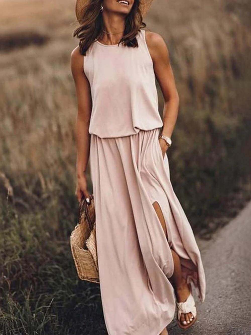 Women's Sleeveless Slit Dress Loose Fit Cotton Breezy Rose - VibreMode