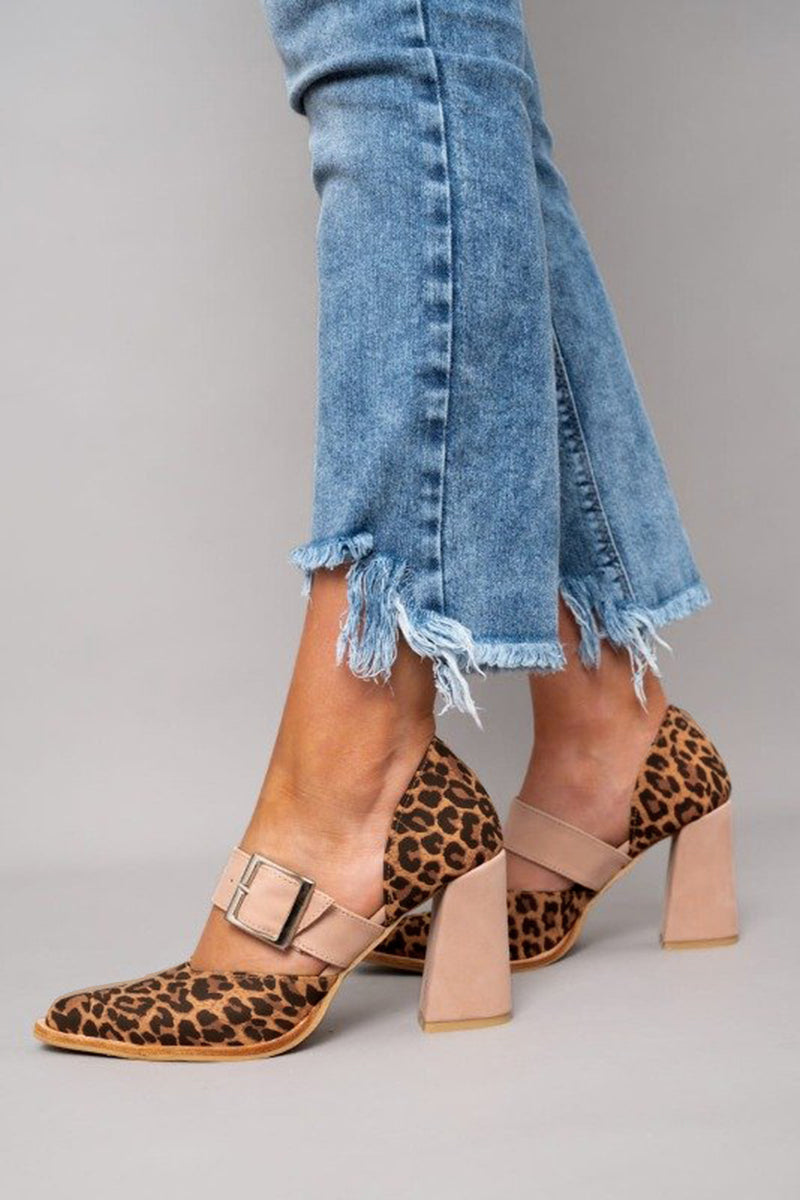 Women's Block Heels Buckle Strap Leopard