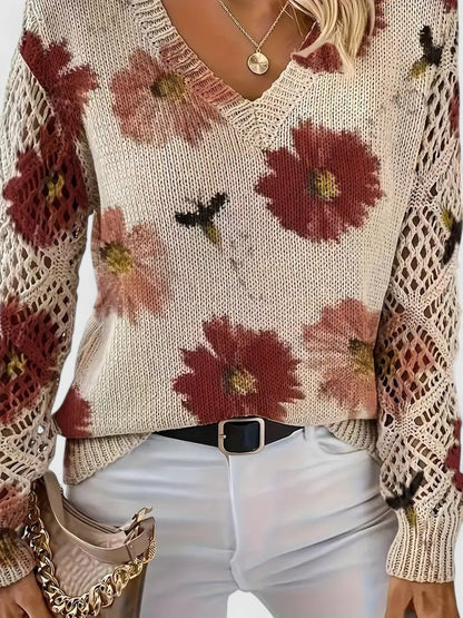 Women's V-Neck Crochet Sweater Floral