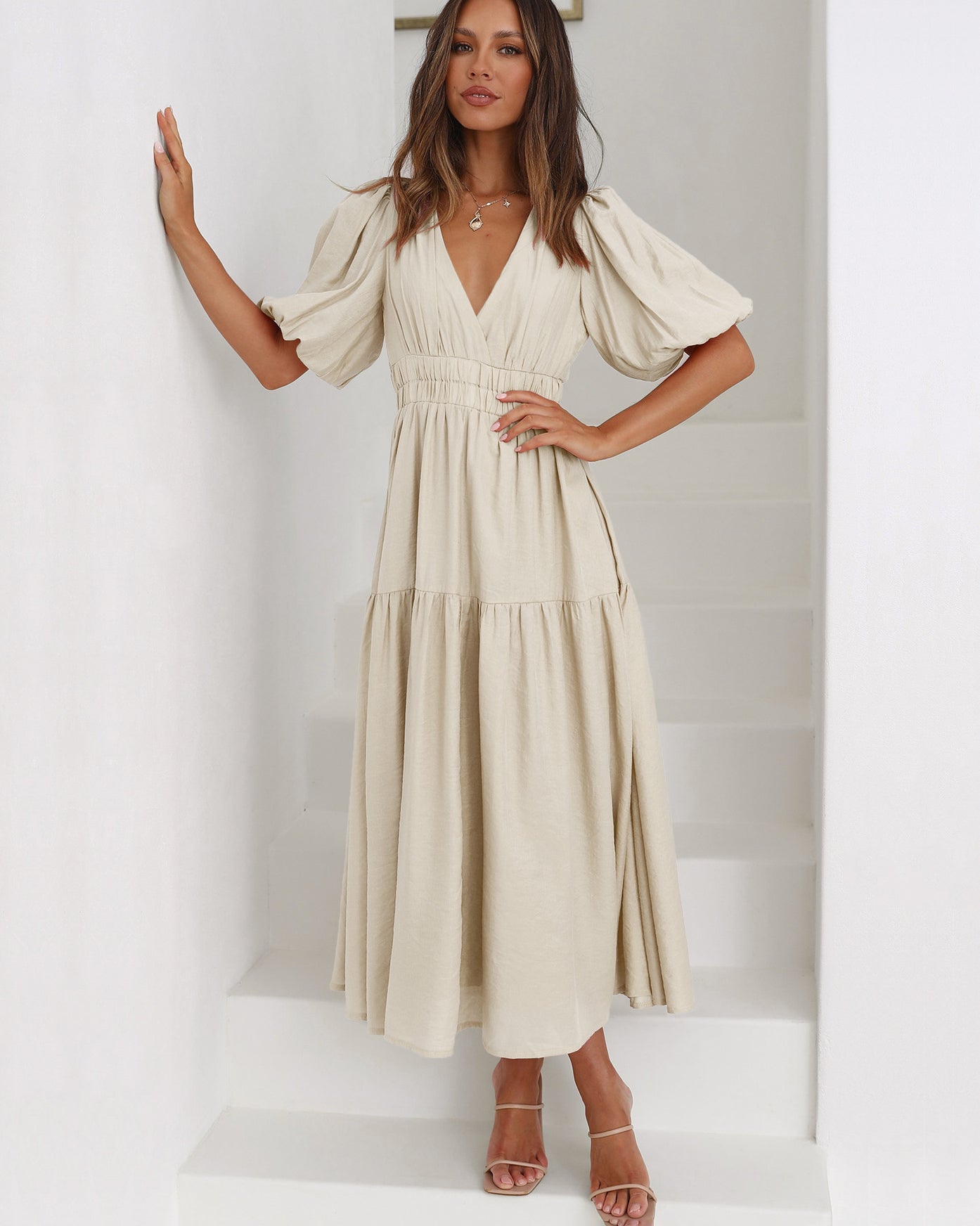 Women's V-Neck Midi Dress Puff Sleeve Smocked Waist