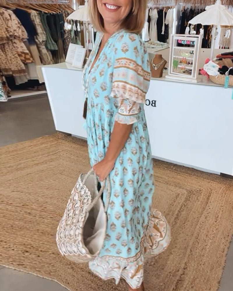 Women's Boho Maxi Dress Ruffle Sleeve Tiered