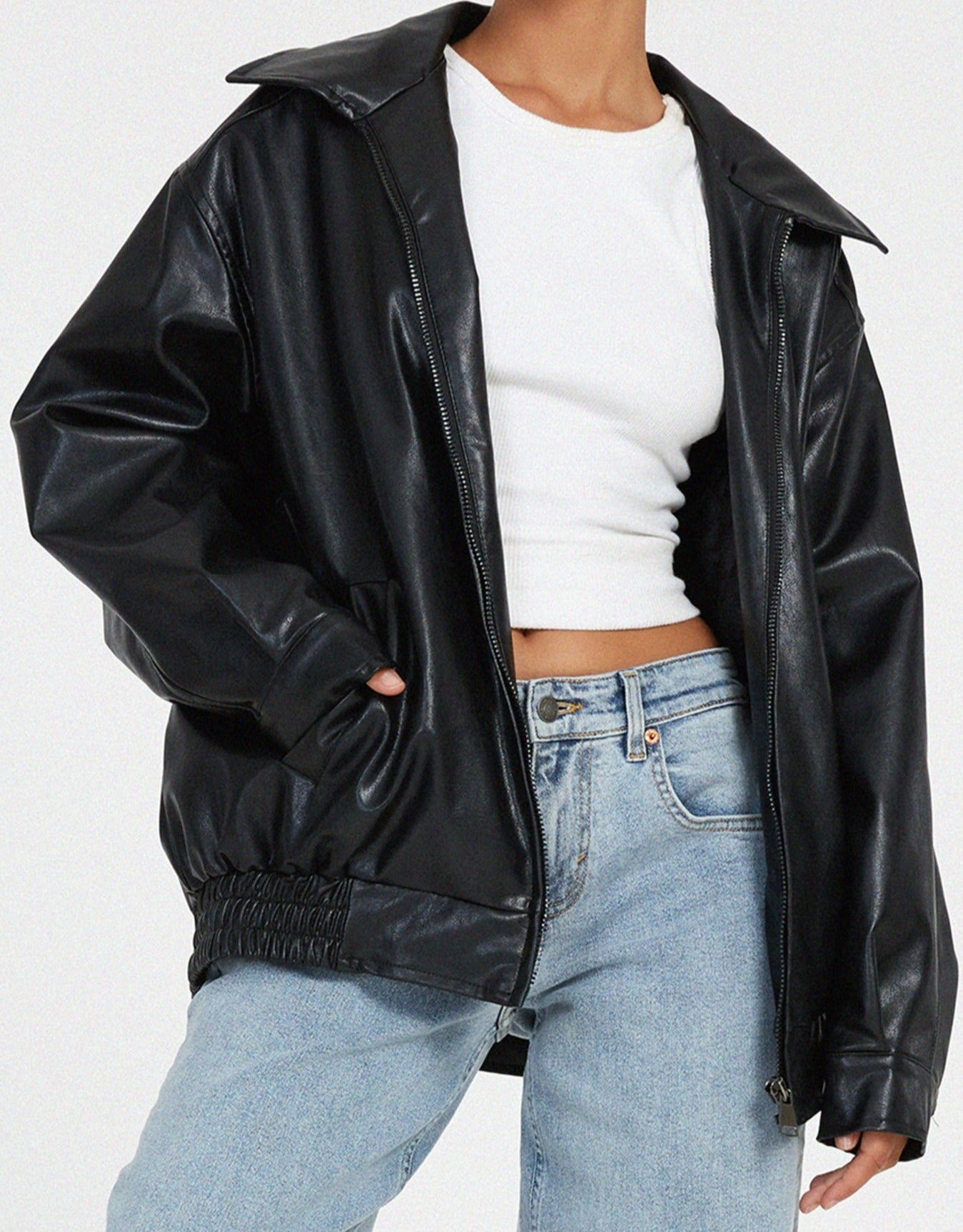 Women's Leather Zip-Up Jacket High Collar Relaxed Fit Black