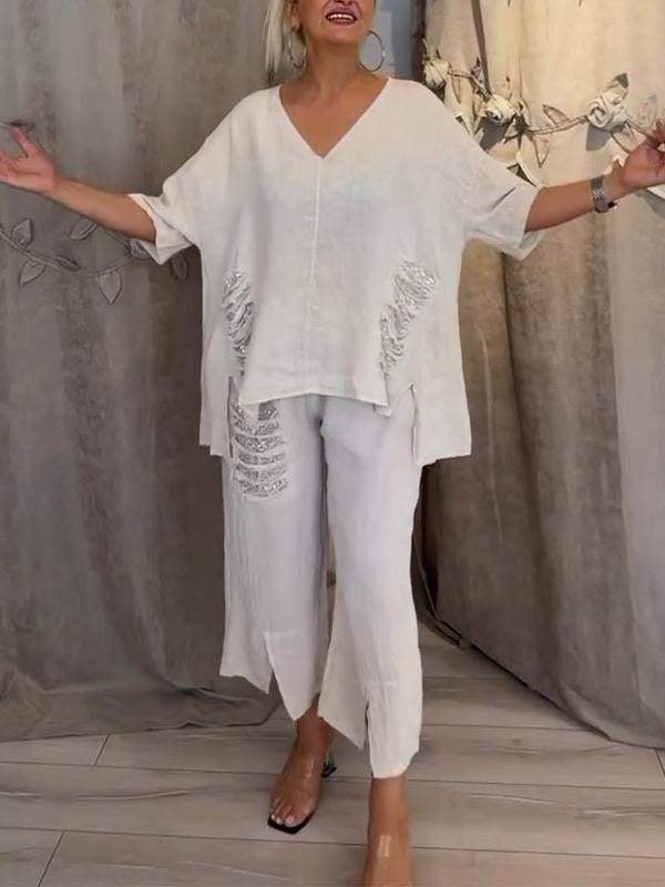 Relaxed Fit Women's 2 Piece V Neck Top and Pants - VibreMode
