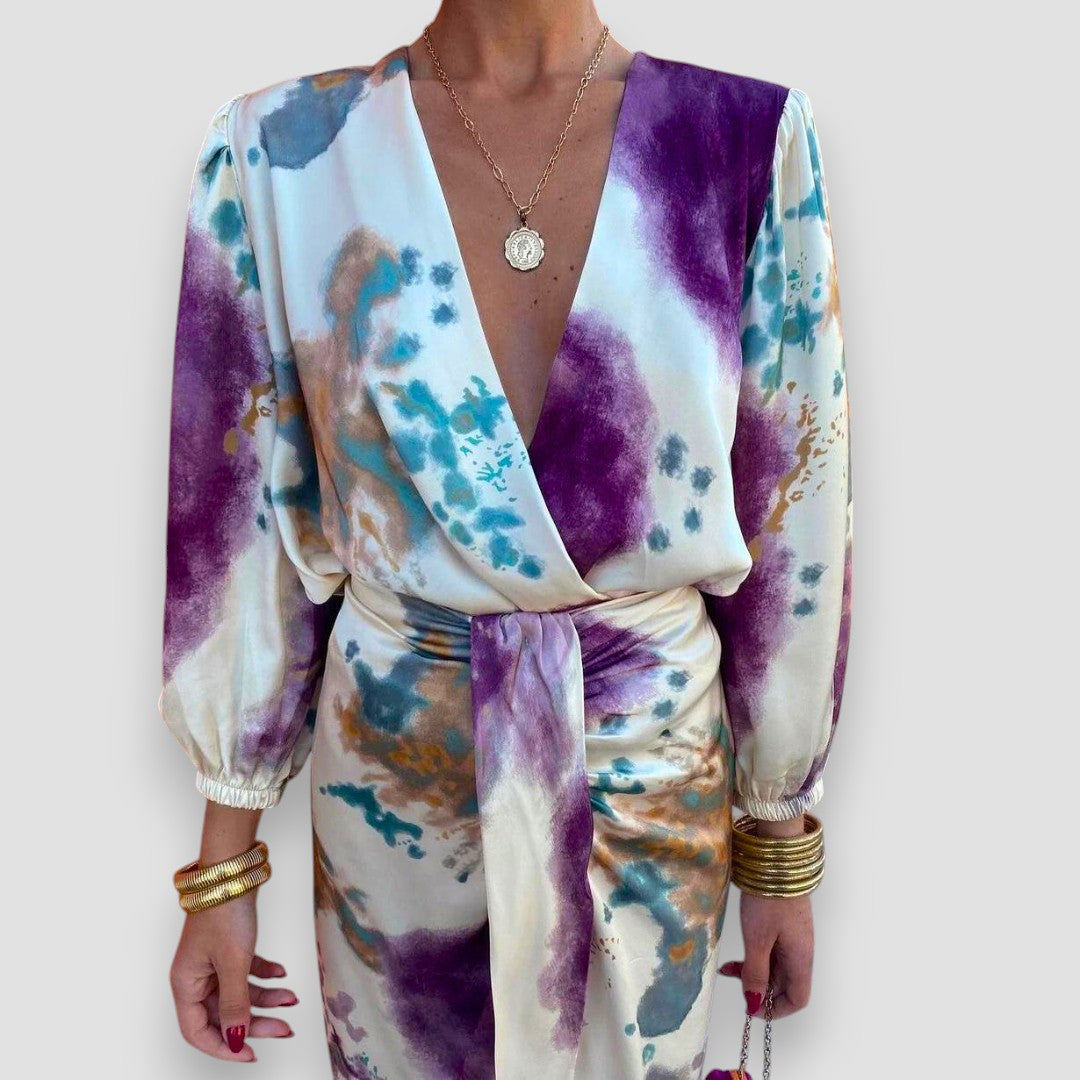 Women's Abstract Print Midi Dress Tie Waist - VibreMode