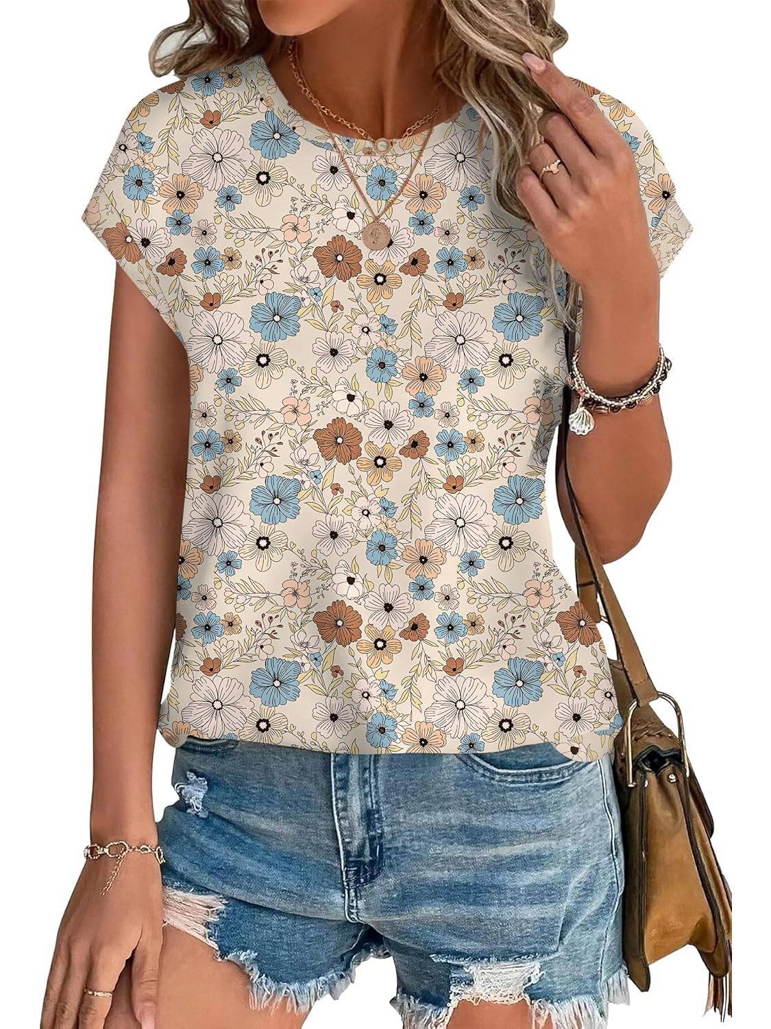 Women's Leaf Print Crew Neck Cap Sleeve Blouse