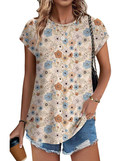 Women's Leaf Print Crew Neck Cap Sleeve Blouse