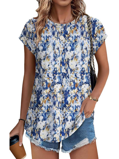 Women's Leaf Print Crew Neck Cap Sleeve Blouse