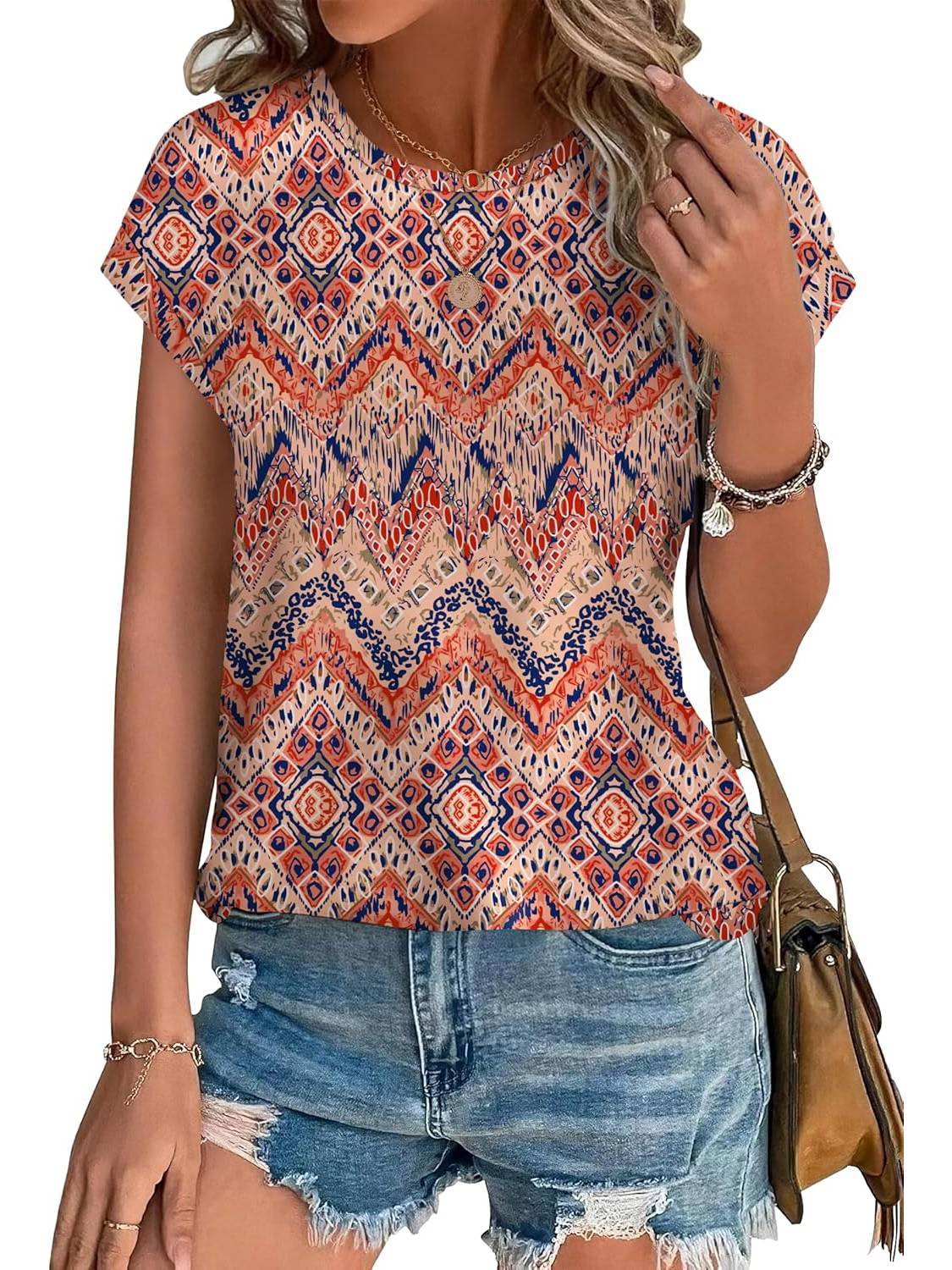 Women's Leaf Print Crew Neck Cap Sleeve Blouse