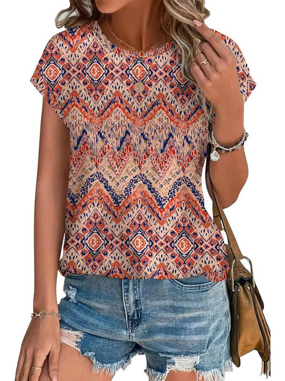 Women's Leaf Print Crew Neck Cap Sleeve Blouse