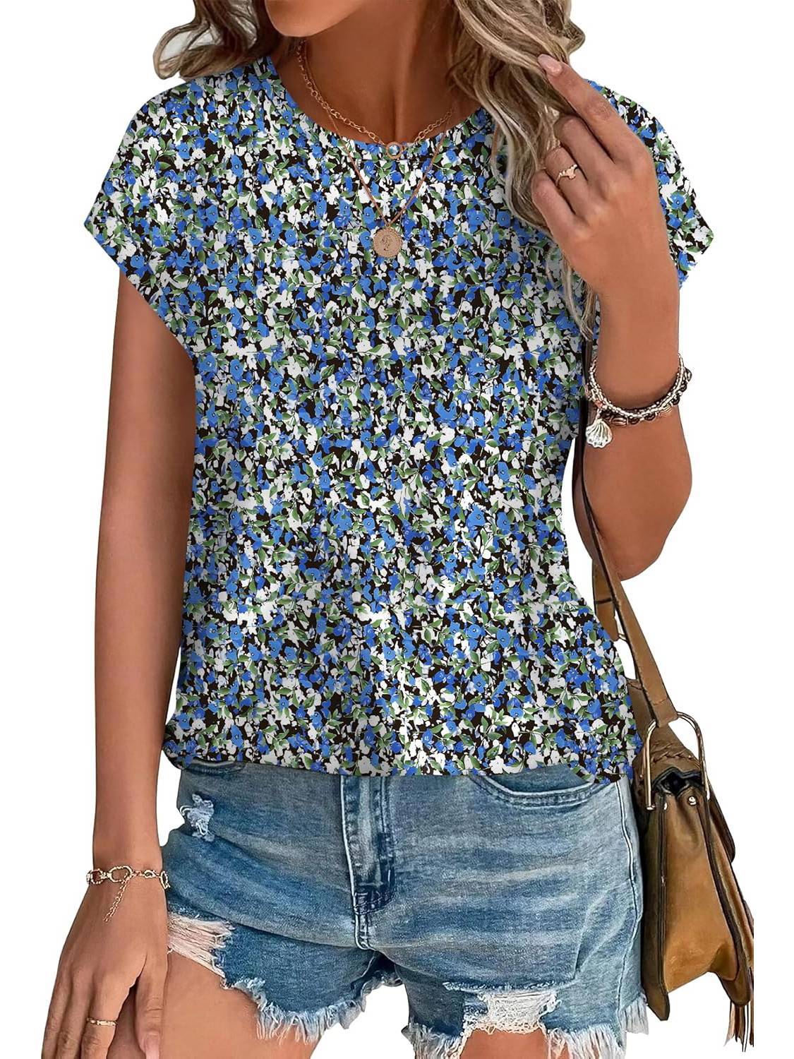 Women's Leaf Print Crew Neck Cap Sleeve Blouse