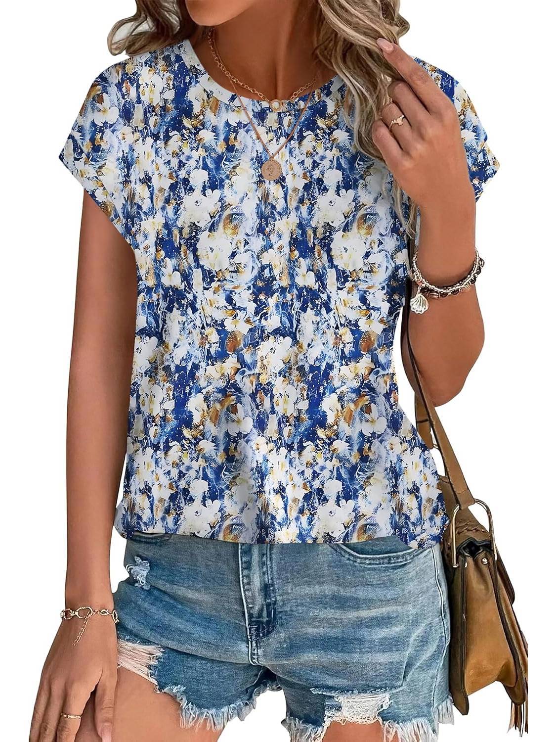Women's Leaf Print Crew Neck Cap Sleeve Blouse