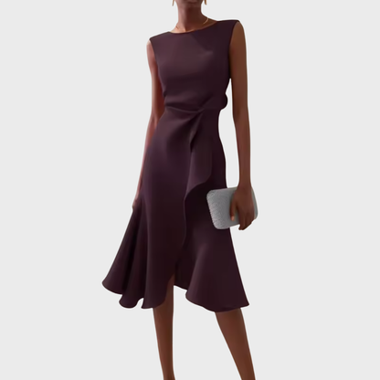 Women's Sleeveless Midi Dress Round Neck Draped Waist Asymmetric