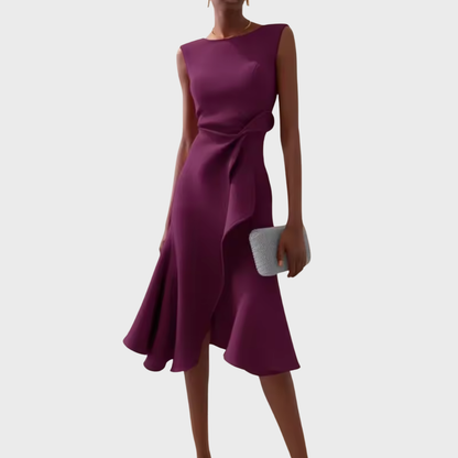 Women's Sleeveless Midi Dress Round Neck Draped Waist Asymmetric