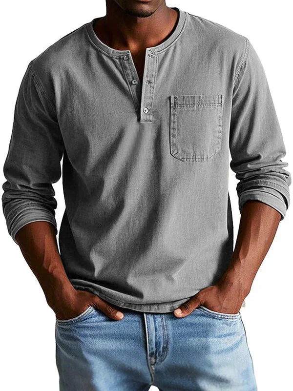 Men's Long Sleeve Henley Shirt Button Placket Chest Pocket
