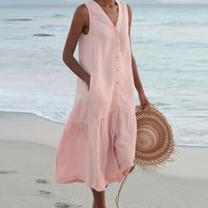Women's Button-Down Summer Dress Cotton Elegant Beige