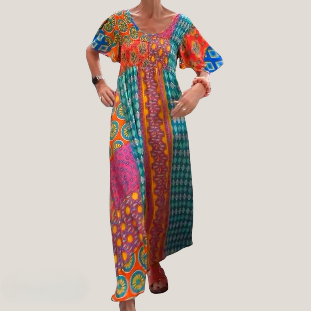 Women's Boho Maxi Dress Patchwork Design - VibreMode