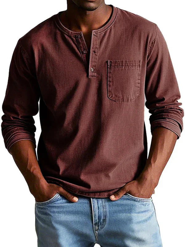 Men's Long Sleeve Henley Shirt Button Placket Chest Pocket