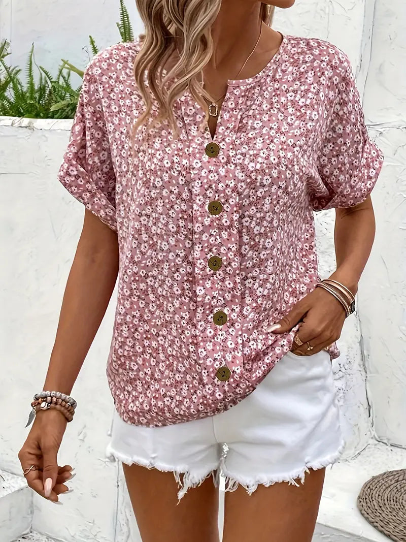 Women's Floral Short Sleeve Blouse Notched Neckline