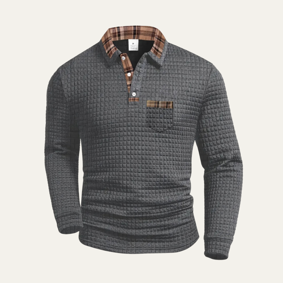 Men's Polo Sweater Textured Waffle Knit Plaid Trim - VibreMode