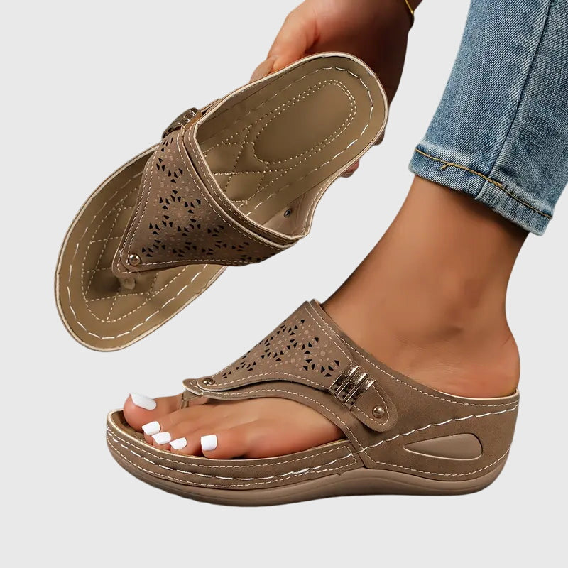 Women's Wedge Sandals Laser Cut Leather Brown