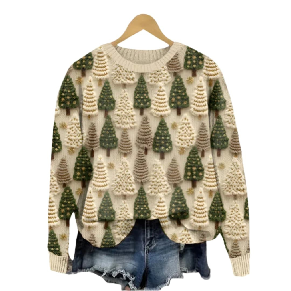 Women's Knit Sweater Tree Pattern Round Neck - VibreMode