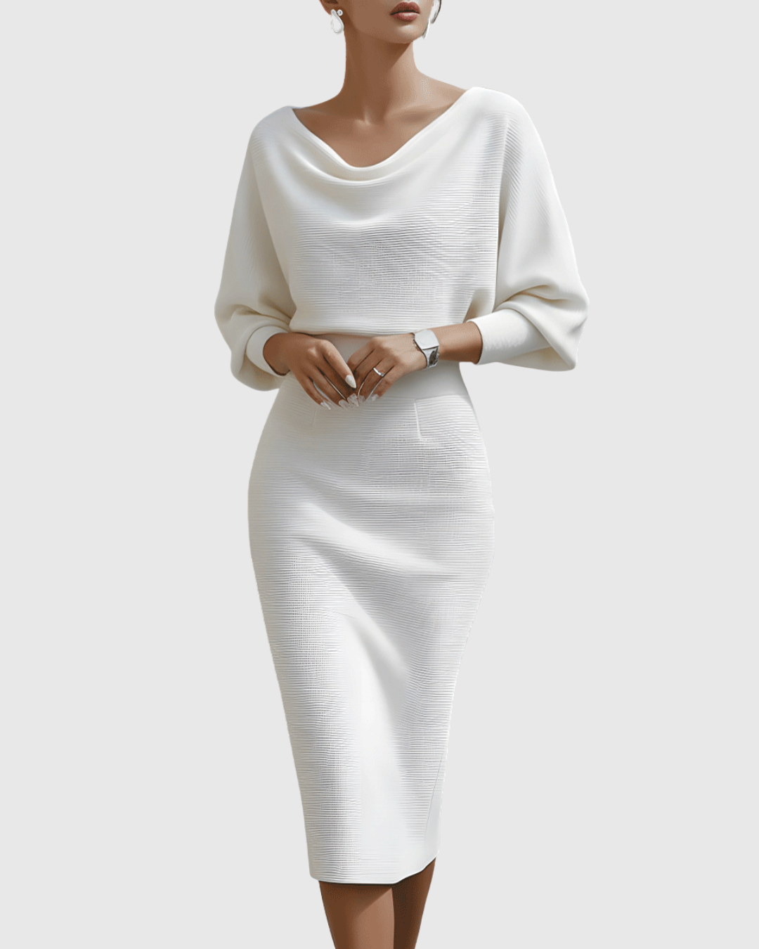 Women's Ribbed Cowl Neck Long Sleeve Midi Dress