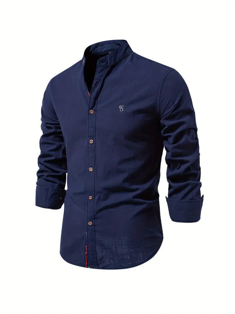 Men's Long Sleeve Button Shirt Band Collar White