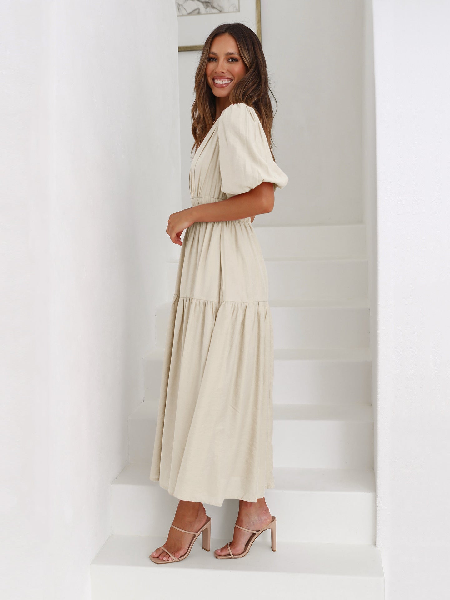 Women's Casual V-Neck Puff Sleeve Midi Dress