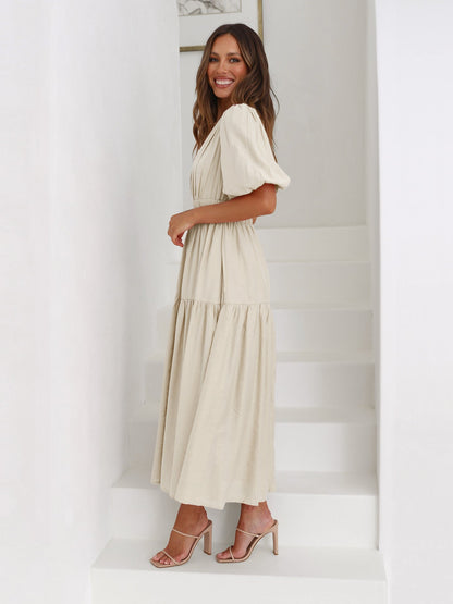 Women's V-Neck Midi Dress Puff Sleeve Smocked Waist