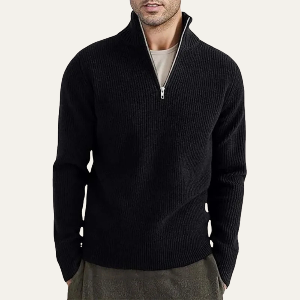 Men's Ribbed Mock Neck Sweater Warm Knit Half Zip