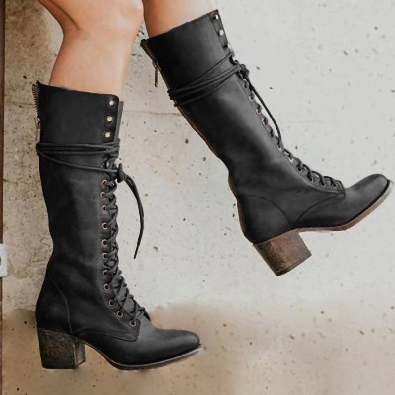 Women's Knee High Lace-Up Boots Chunky Heel Brown - VibreMode