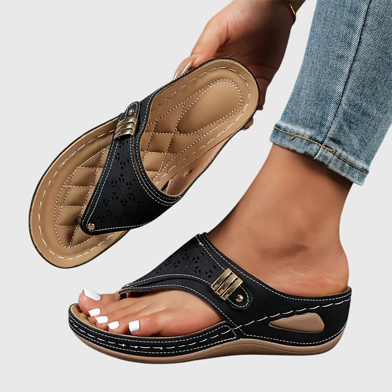 Women's Wedge Sandals Laser Cut Leather Brown - VibreMode