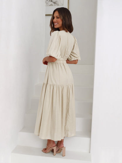 Women's Casual V-Neck Puff Sleeve Midi Dress