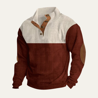 Men's Corduroy Sweater Button Neck Color Block Red