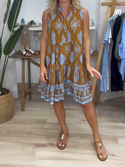 Women's V-Neck Sleeveless Tiered Mini Dress Boho Print