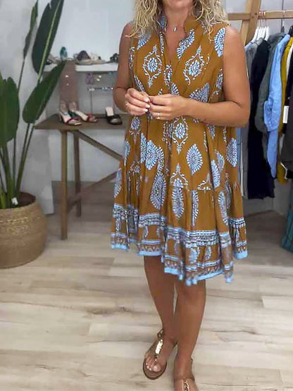 Women's V-Neck Sleeveless Tiered Mini Dress Boho Print