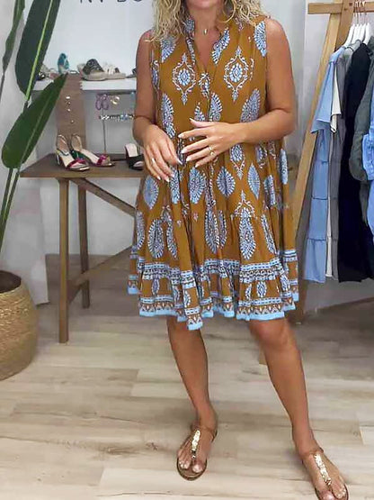 Women's V-Neck Sleeveless Tiered Mini Dress Boho Print - VibreMode