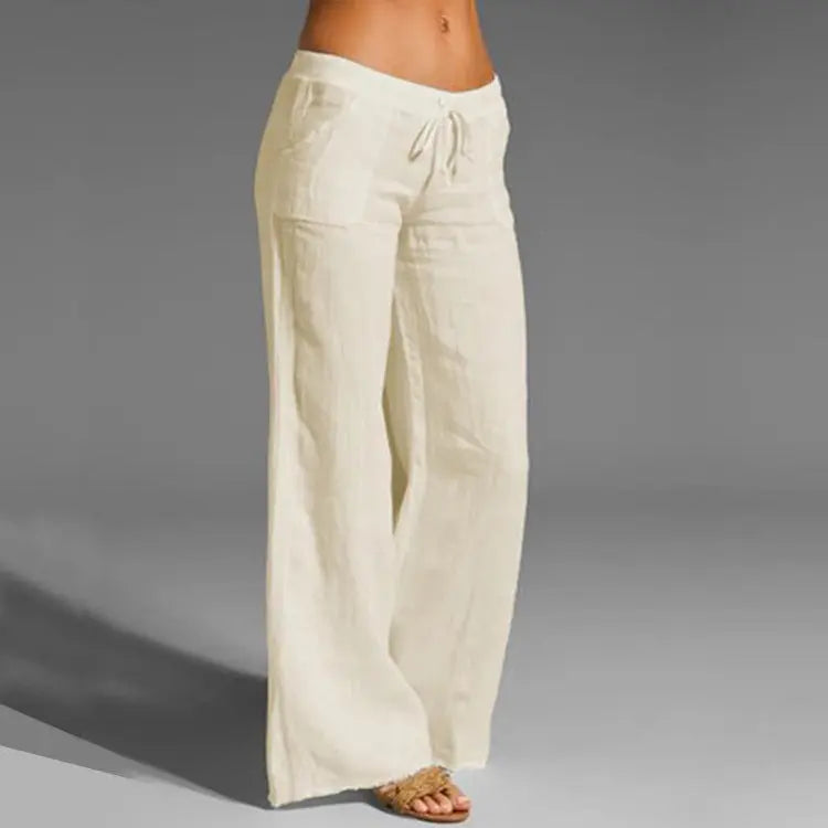 Women's Linen Summer Trousers Loose Fit Beige - VibreMode