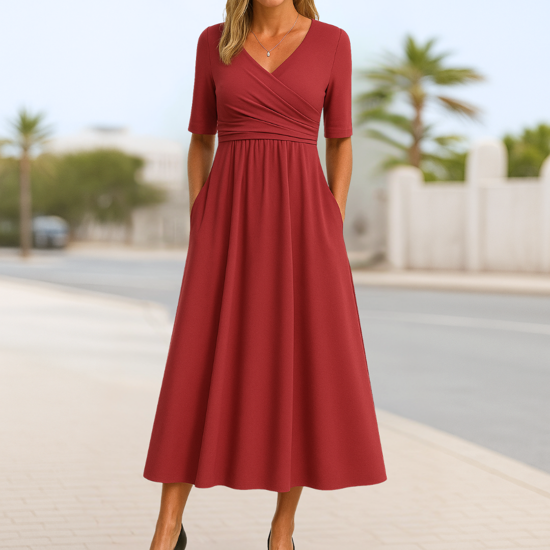 Women's Red V-Neck Midi Evening Dress